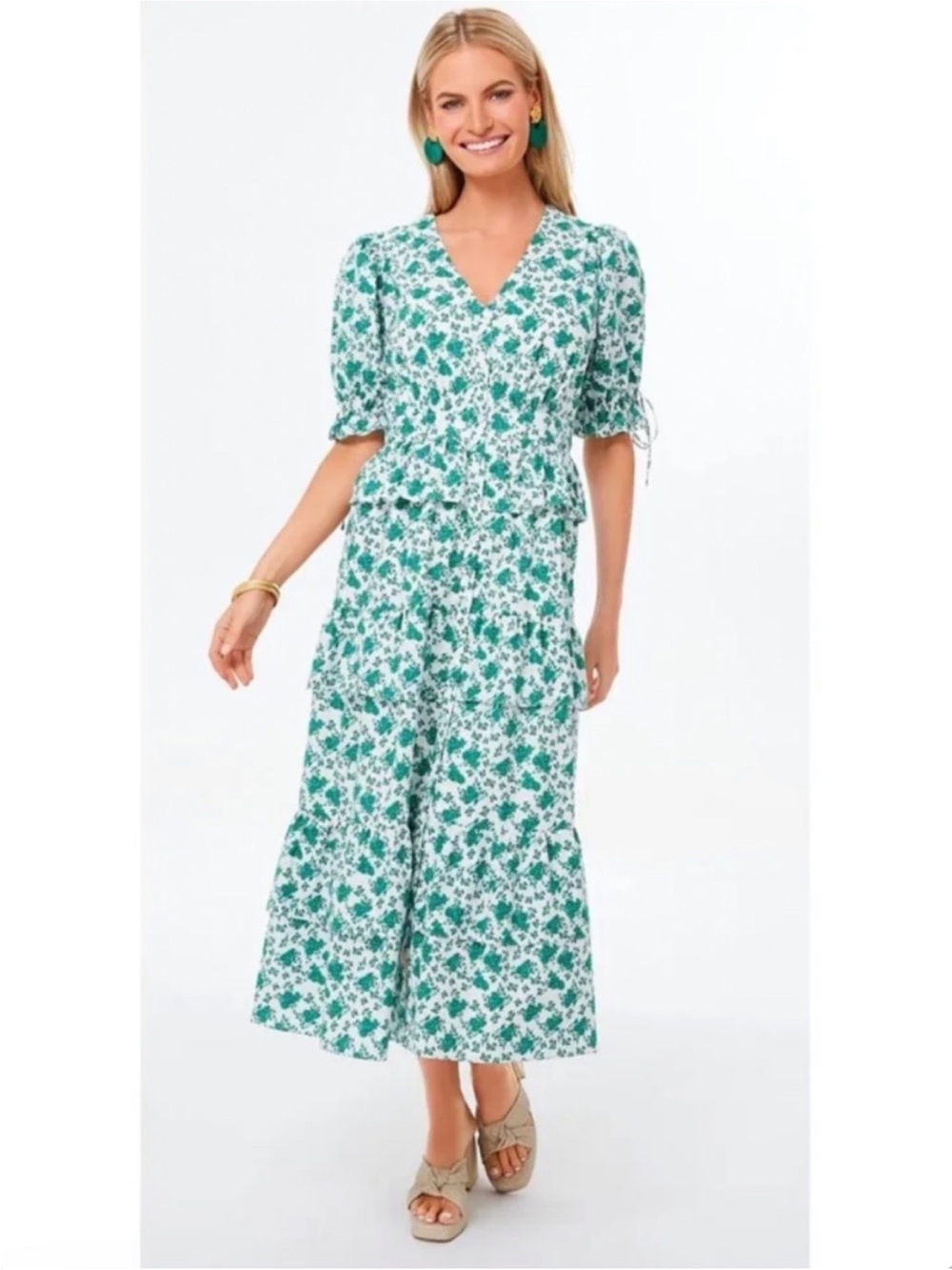 White Midi Dress with Green Floral Print and Puff Sleeves